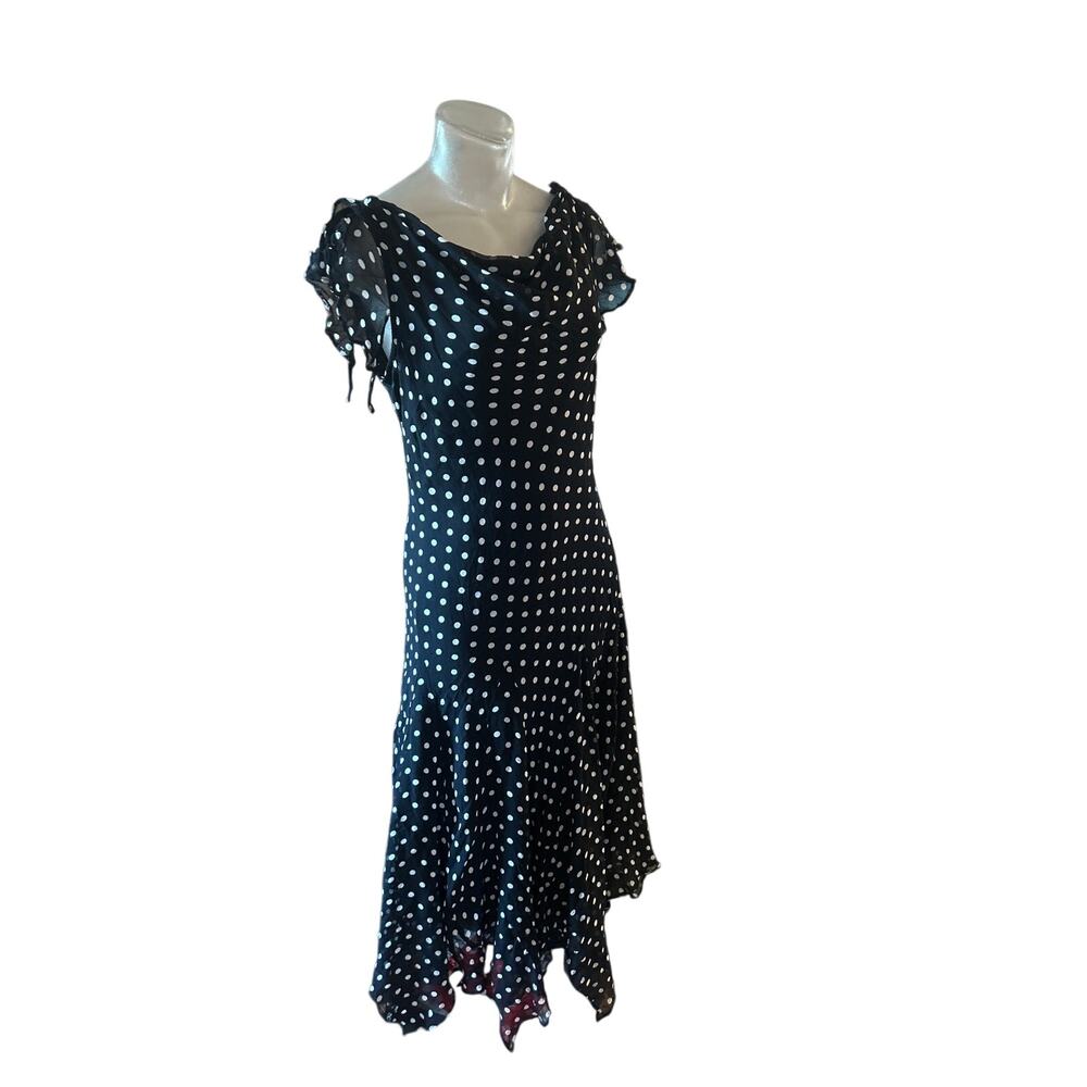 VINTAGE Y2K Majick Black Polka Dot Drop Waist Midi Dress FAIRY Drape Sz Medium M